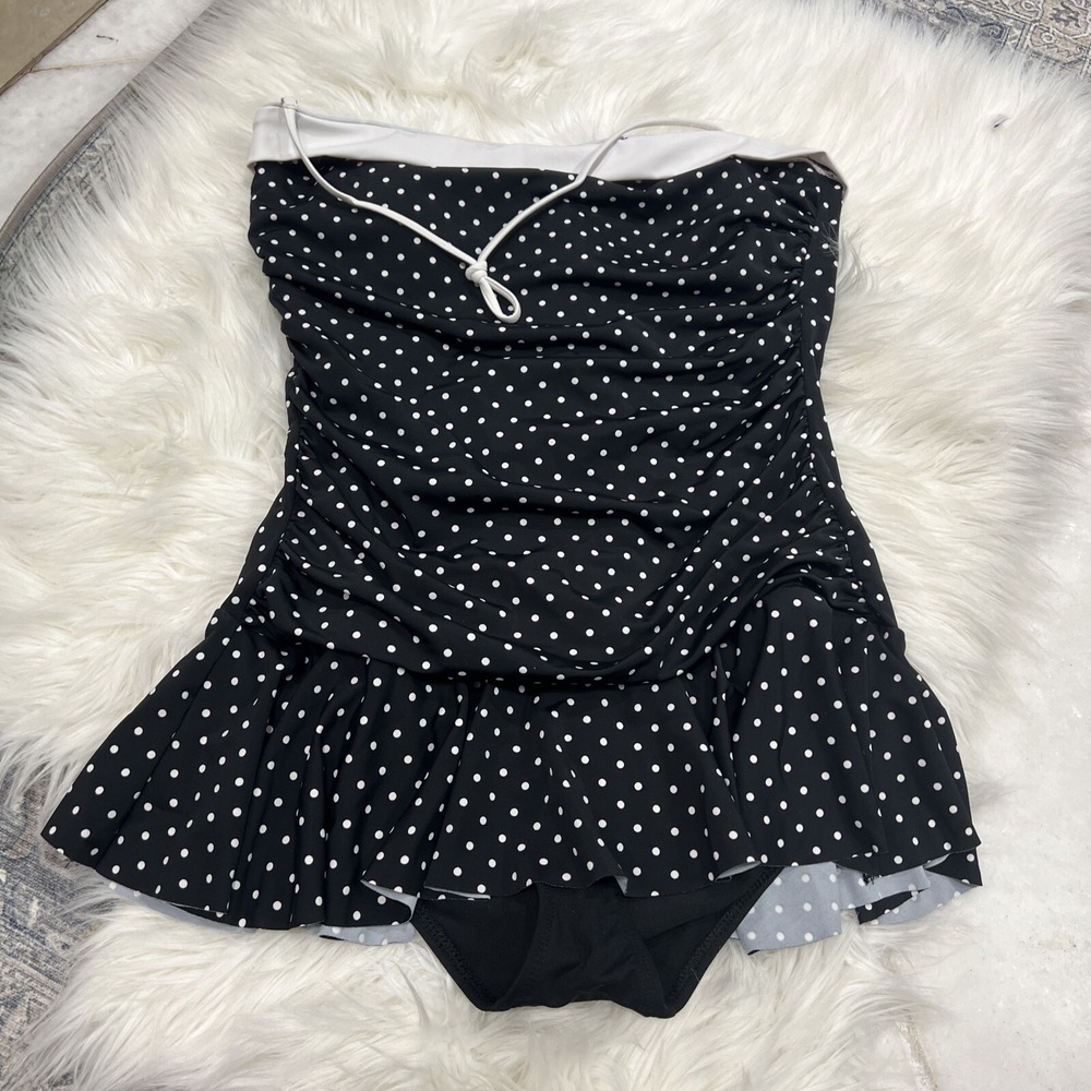 Chaps Tummy Slimmer Ruched Swimsuit 16 Black White Polka Dot Skirted One Piece